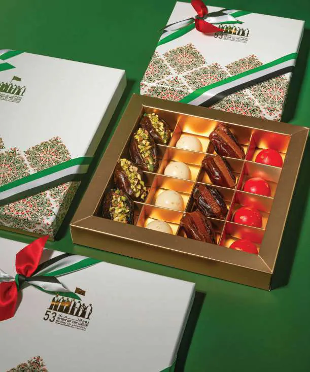 UAE National Day chocolate and filled dates gift box with flag ribbon